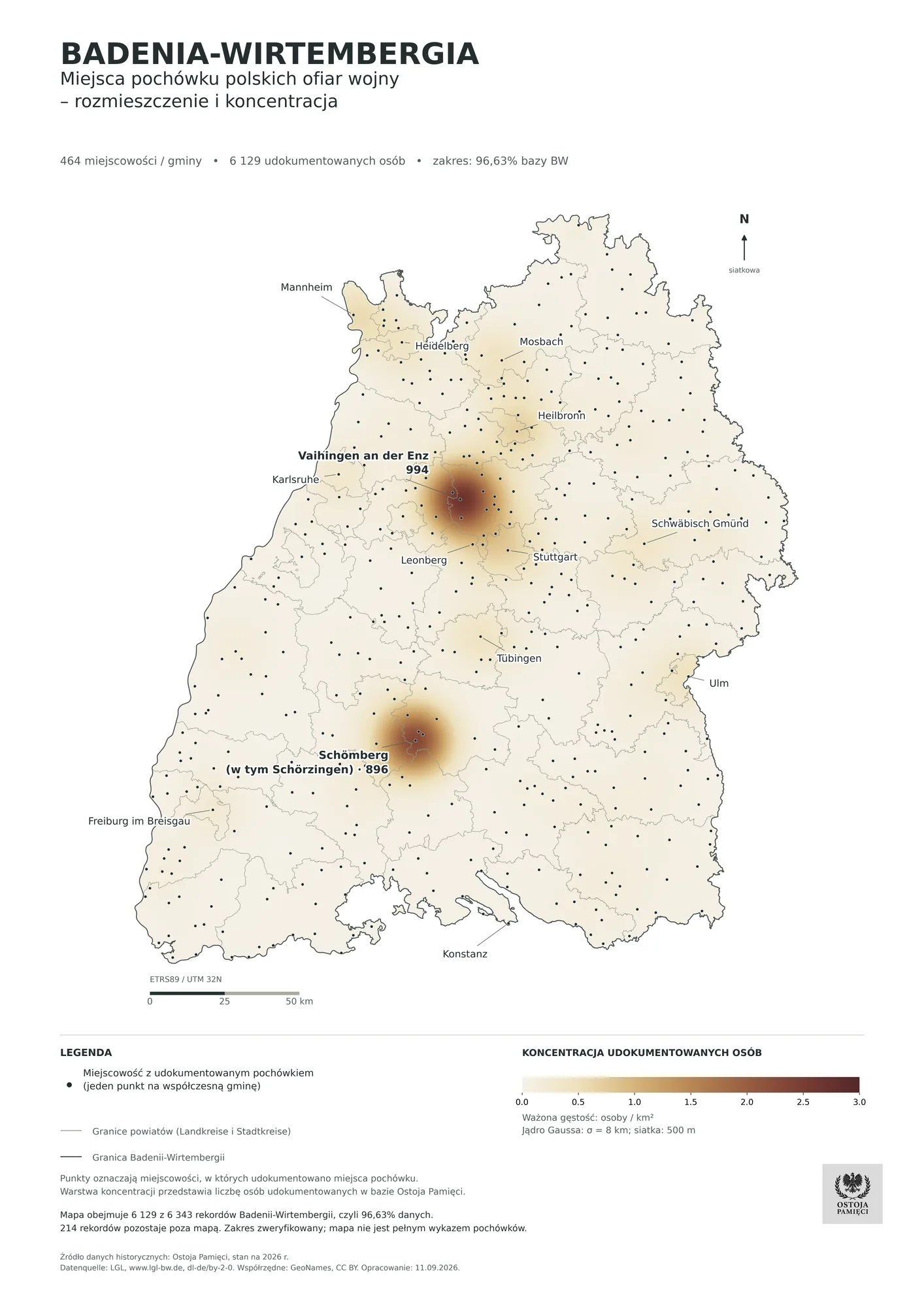 Rozproszenie polskich miejsc pochówku w Badenii-Wirtembergii