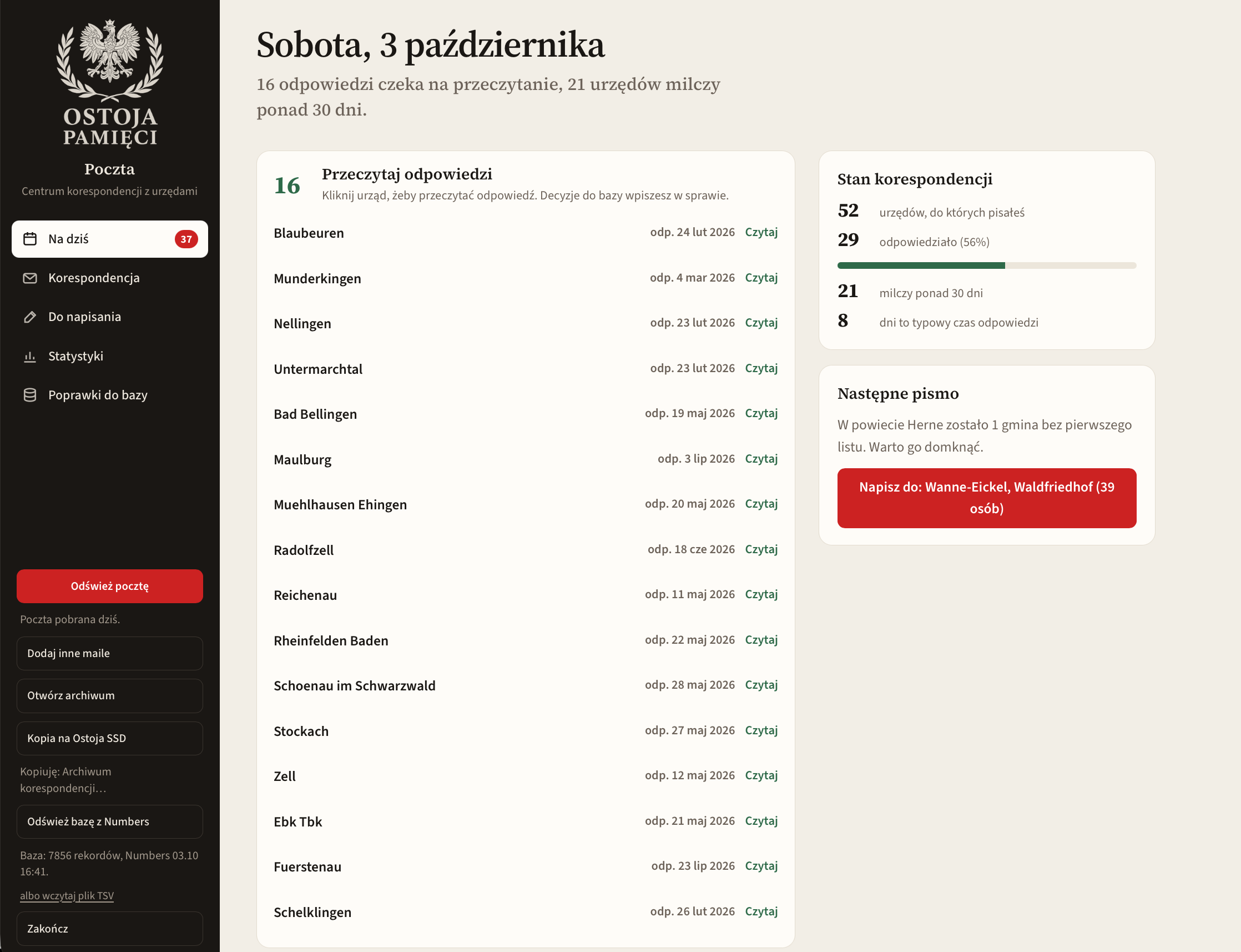 Ekran aplikacji Ostoja Poczta: lista spraw do załatwienia, odpowiedzi urzędów i statystyki korespondencji