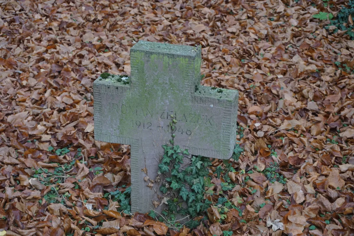 Kamienny krzyż porośnięty mchem i bluszczem, wśród liści.
Napis: „ROMAN ZELAZEK 1912–1946”