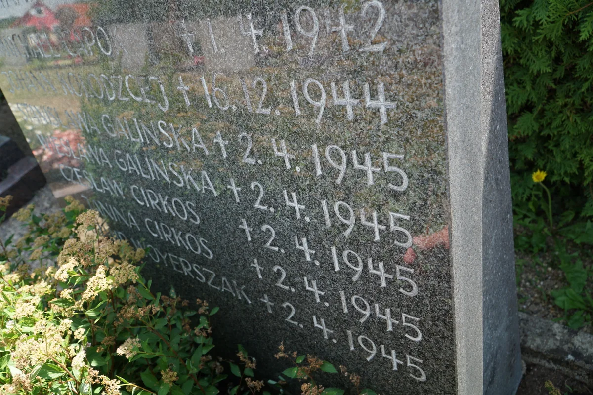 Ukośne zbliżenie płyty z nazwiskami i datami zgonu; w polerowanym granicie odbicia otoczenia.
Napis: „HIER RUHEN DIE POLNISCHEN STAATSANGEHÖRIGEN | MICHAEL CAPOK +1.4.1942 | JOHANN KOLODZCEJ +16.12.1944 | STANISLAWA GALINSKA +2.4.1945 | WIESLAWA GALINSKA +2.4.1945 | CZESLAW CIRKOS +2.4.1945 | JANINA CIRKOS +2.4.1945 | …MIR WOYERSZAK +2.4.1945”