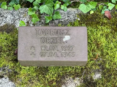 Illingen: płytka Tadeusza Orła.
Napis: „TADEUSZ ORZEL / * 12.07.1927 / † 07.04.1945”