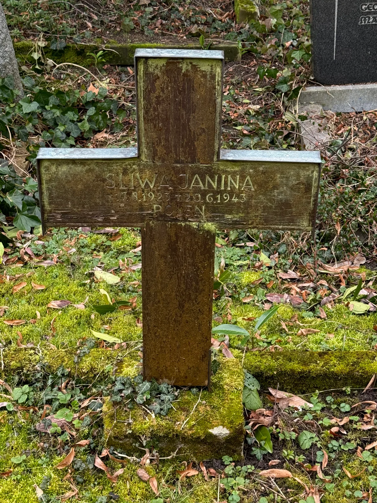 Nikolaifriedhof: drewniany krzyż Janiny Śliwy.
Napis: „SLIWA JANINA / * 17.8.1923 † 20.6.1943 / POLEN”