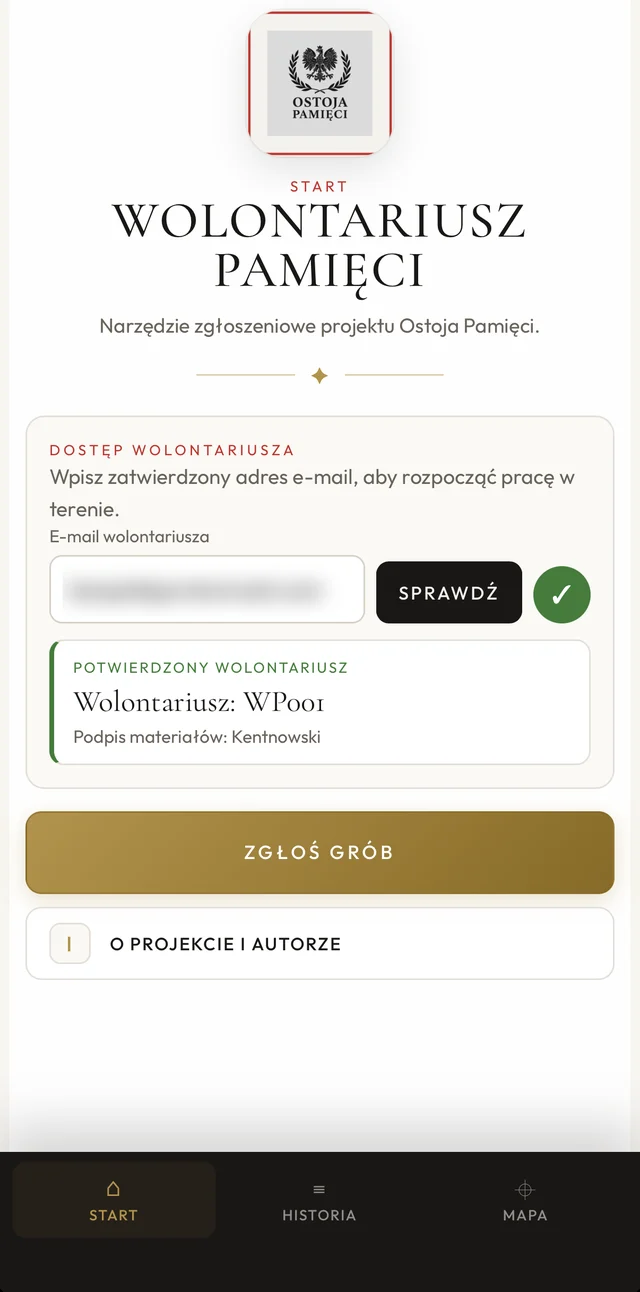 Ekran startowy aplikacji Wolontariusz Pamięci: dostęp wolontariusza i przycisk „Zgłoś grób”